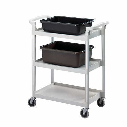 Service Cart, open design, (3) shelves, shelf size approximately 15-7/8'' x 24-3/8'', polyethylene exterior, 4'' casters (4 swivel, no brake), 300 lb. load capacity, speckled gray, KD