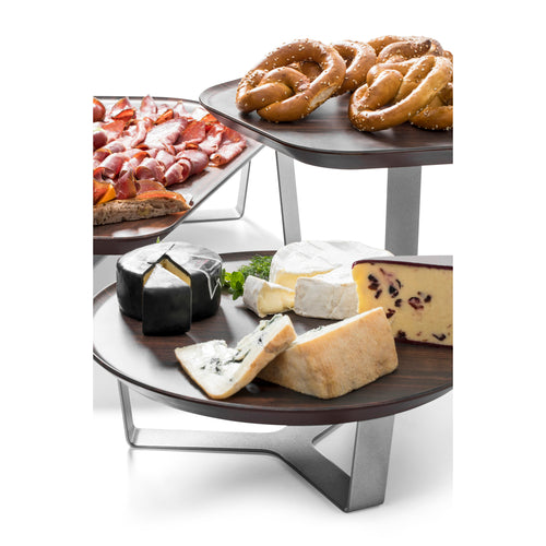 Forme Tray & Riser Set, 13-3/10'' dia. x 7''H, round, walnut melamine tray, black stainless steel riser