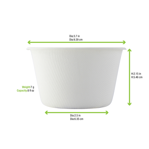 Bowl, White Sugarcane Takeout Bowl, 8.5oz Dia:3.7in H:2.15in, sugarcane, white