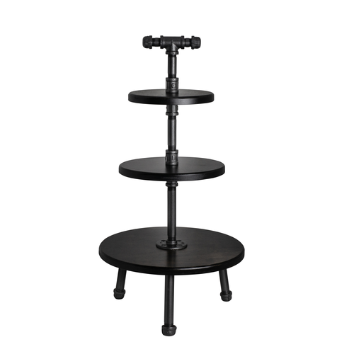 Stand, 3-tier, 14'', 10'', 8'' dia., 26'' overall height, with pipe legs, metal, ebony, Creations Buffet