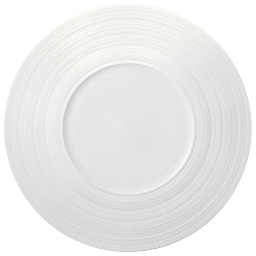 Plate, 9'' dia., round, wide embossed matte rim, glossed well, warm white, glazed finish, Luzerne, Manhattan