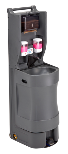 Mobile Hand Wash Station, 21.1'' L x 19'' W x 63.6'' H, 18 Gallon Capacity, manual foot pump, single basin, with two soap dispensers, standard size tri-fold paper towel dispenser, charcoal gray