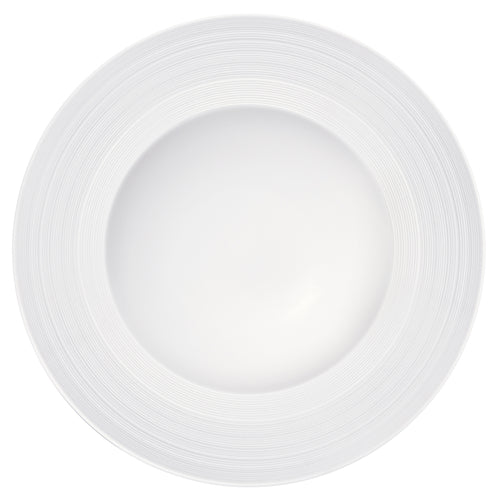 Rim Soup, 3-3/4 oz., 9-1/4'' dia., round, wide embossed matte rim, glossed well, warm white, glazed finish, Luzerne, Manhattan