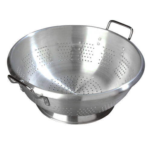 Colander, 16 qt., 16-1/2'' dia. x 7-1/8'' deep, rolled top edge, seamless, footed, riveted loop handles, dishwasher safe, heavy-weight, aluminum, satin finish