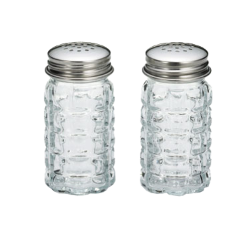 Salt/Pepper Shaker, 1-1/2 oz., 1-9/16'' dia. x 3-9/16''H, nostalgia glass, dishwasher safe, stainless steel tops