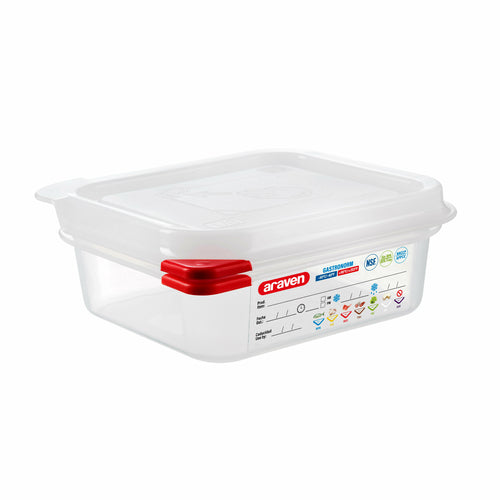 Araven Food Storage Container, 1.2 qt., 6-15/16'' x 6-3/8'' x 2-1/2'', GN 1/6 size, Colorclip coded