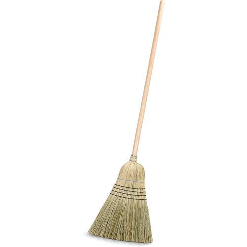 Warehouse Corn Broom, 56'' tall, 12'' wide head, metal retaining bands, 5-sew synthetic stitching, 30# fill, blended corn bristles, heavy-duty lacquered wood handle, natural color