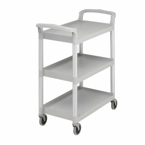 Service Cart, open design, (3) shelves, shelf size approximately 15-7/8'' x 24-3/8'', polyethylene exterior, 4'' casters (4 swivel, no brake), 300 lb. load capacity, speckled gray, KD