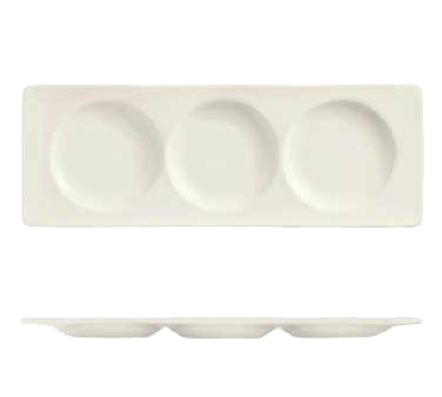 Tray, 13'' x 4-5/8'', rectangular, (3) 1 oz., 3'' dia. wells, porcelain, ultra bright white, Chef's Selection