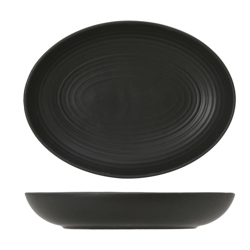 Bowl, 35 oz., 10-3/4'' x 8'' x 1-7/8''H, oval, embossed, , porcelain, TuxTrendz, Zion, matte black