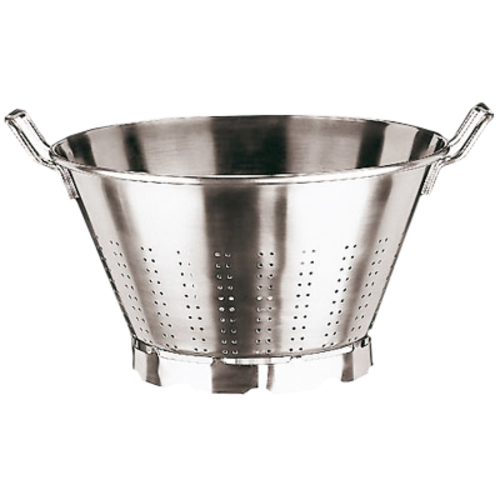 Vegetable Strainer, 13-1/2 qt., 14-1/8'' dia., 7-1/4''H, stainless steel, dual handles.