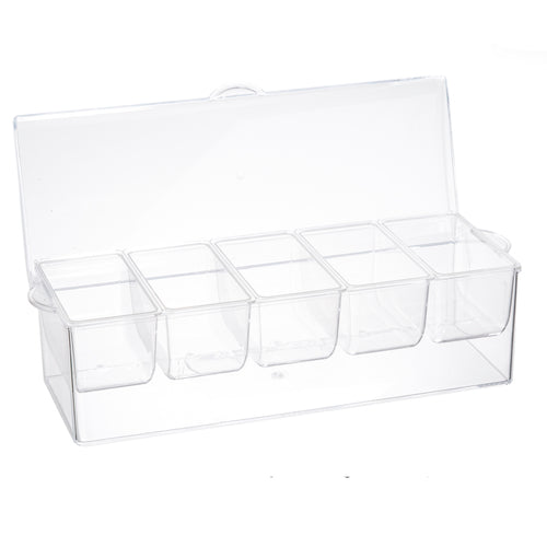 Bar Condiment Holder, 16-1/8'' x 6-1/4'' x 5'', (5) 1.2pt inserts, polystyrene, clear