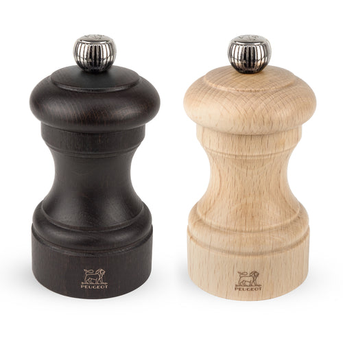 Bistro Duo Salt & Pepper Mill Set, 4'' (10 cm), adjustable from coarse to fine grinds, PEFC-certified beech wood, chocolate pepper mill, natural salt mill