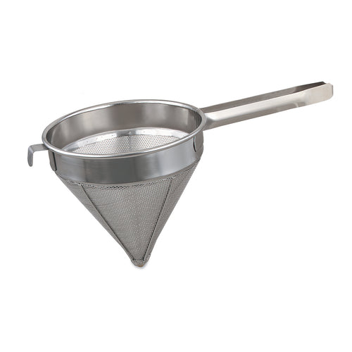 China Cap, 2-4/5 qt., 9'' dia. bowl, fine mesh, one-piece grooved handle, with perforated metal body, 18/8 stainless steel