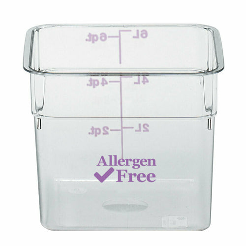 CamSquare Food Container, 22 qt., 11-1/4''L x 12-1/4''W x 15-3/4''H, with handles, allergen-free purple, allergen-free logo imprinted, polycarbonate, dishwasher safe, resists stains & odors, clear, NSF