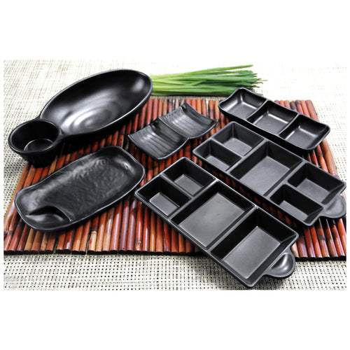 Tray, 10''L x 5-1/2''W x 7/8''H, rectangular, 2-compartment, melamine, black, Ore